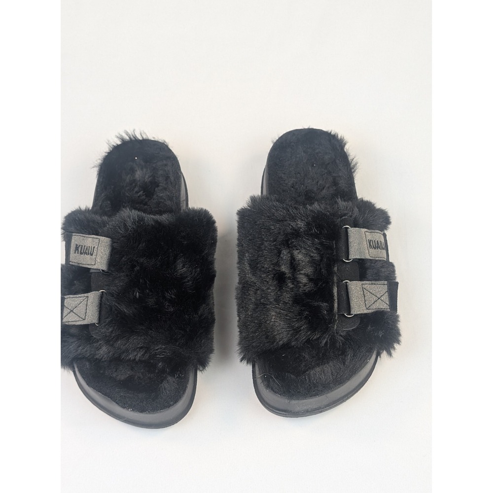 KUAILU Womens Black Faux Fur Slide Slippers Platform Adjustable Straps Size 7